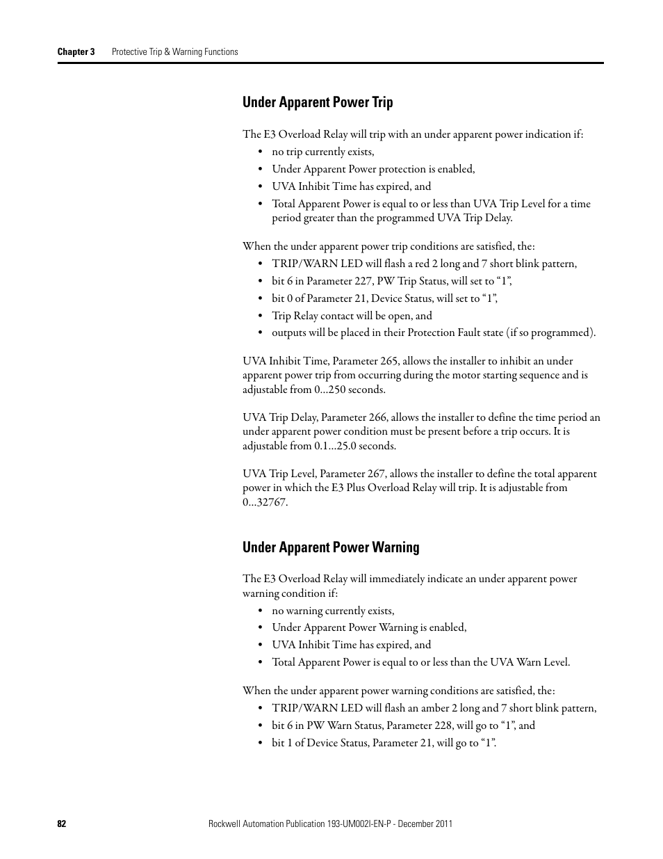 Under apparent power trip, Under apparent power warning | Rockwell Automation 193-EC1_2_3_5, 193-ECPM,592-EC1_2_3_5 E3 and E3 Plus Solid-State Overload Relay User Manual User Manual | Page 82 / 276