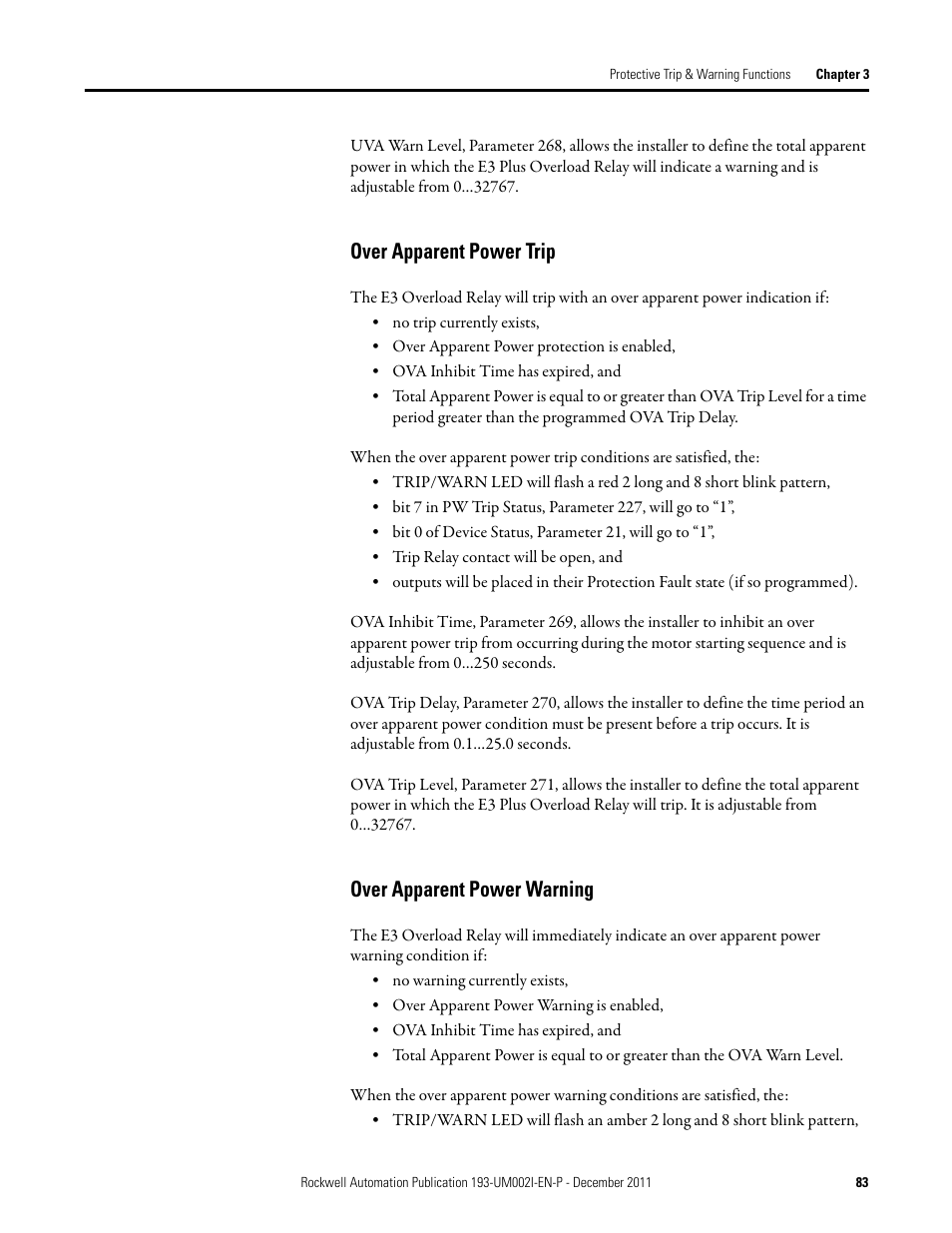 Over apparent power trip, Over apparent power warning | Rockwell Automation 193-EC1_2_3_5, 193-ECPM,592-EC1_2_3_5 E3 and E3 Plus Solid-State Overload Relay User Manual User Manual | Page 83 / 276