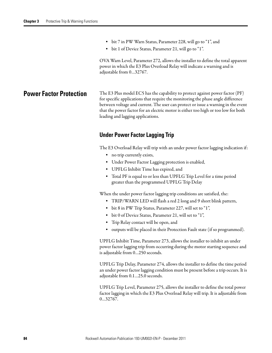 Power factor protection, Under power factor lagging trip | Rockwell Automation 193-EC1_2_3_5, 193-ECPM,592-EC1_2_3_5 E3 and E3 Plus Solid-State Overload Relay User Manual User Manual | Page 84 / 276