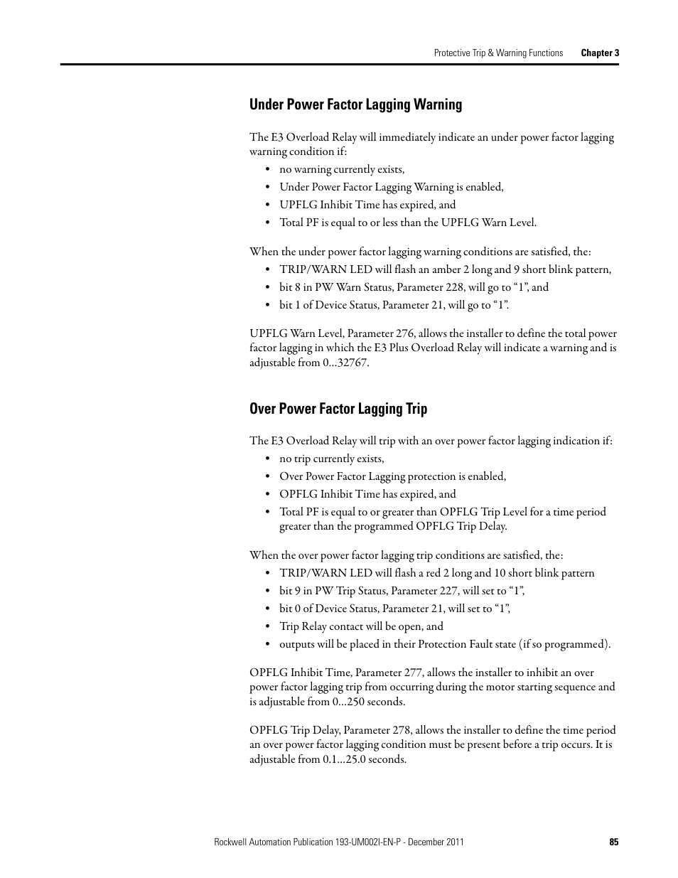 Under power factor lagging warning, Over power factor lagging trip | Rockwell Automation 193-EC1_2_3_5, 193-ECPM,592-EC1_2_3_5 E3 and E3 Plus Solid-State Overload Relay User Manual User Manual | Page 85 / 276