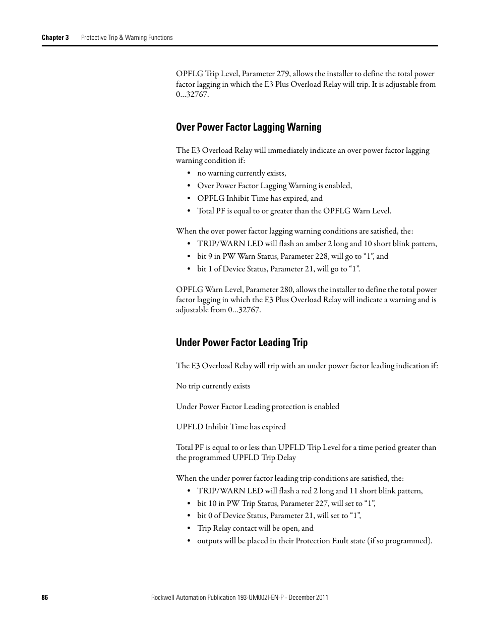 Over power factor lagging warning, Under power factor leading trip | Rockwell Automation 193-EC1_2_3_5, 193-ECPM,592-EC1_2_3_5 E3 and E3 Plus Solid-State Overload Relay User Manual User Manual | Page 86 / 276