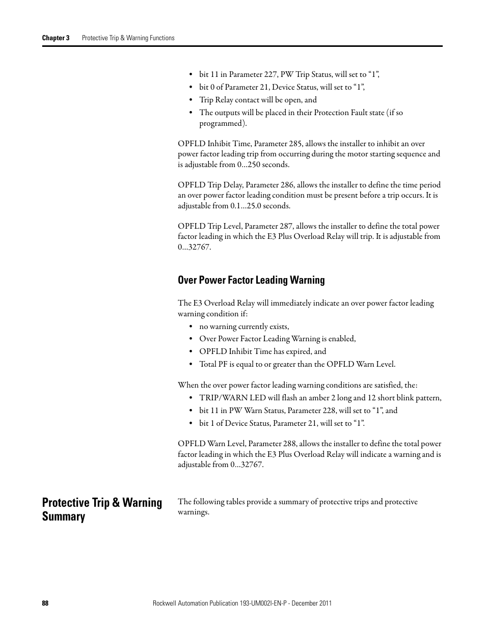Over power factor leading warning, Protective trip & warning summary | Rockwell Automation 193-EC1_2_3_5, 193-ECPM,592-EC1_2_3_5 E3 and E3 Plus Solid-State Overload Relay User Manual User Manual | Page 88 / 276