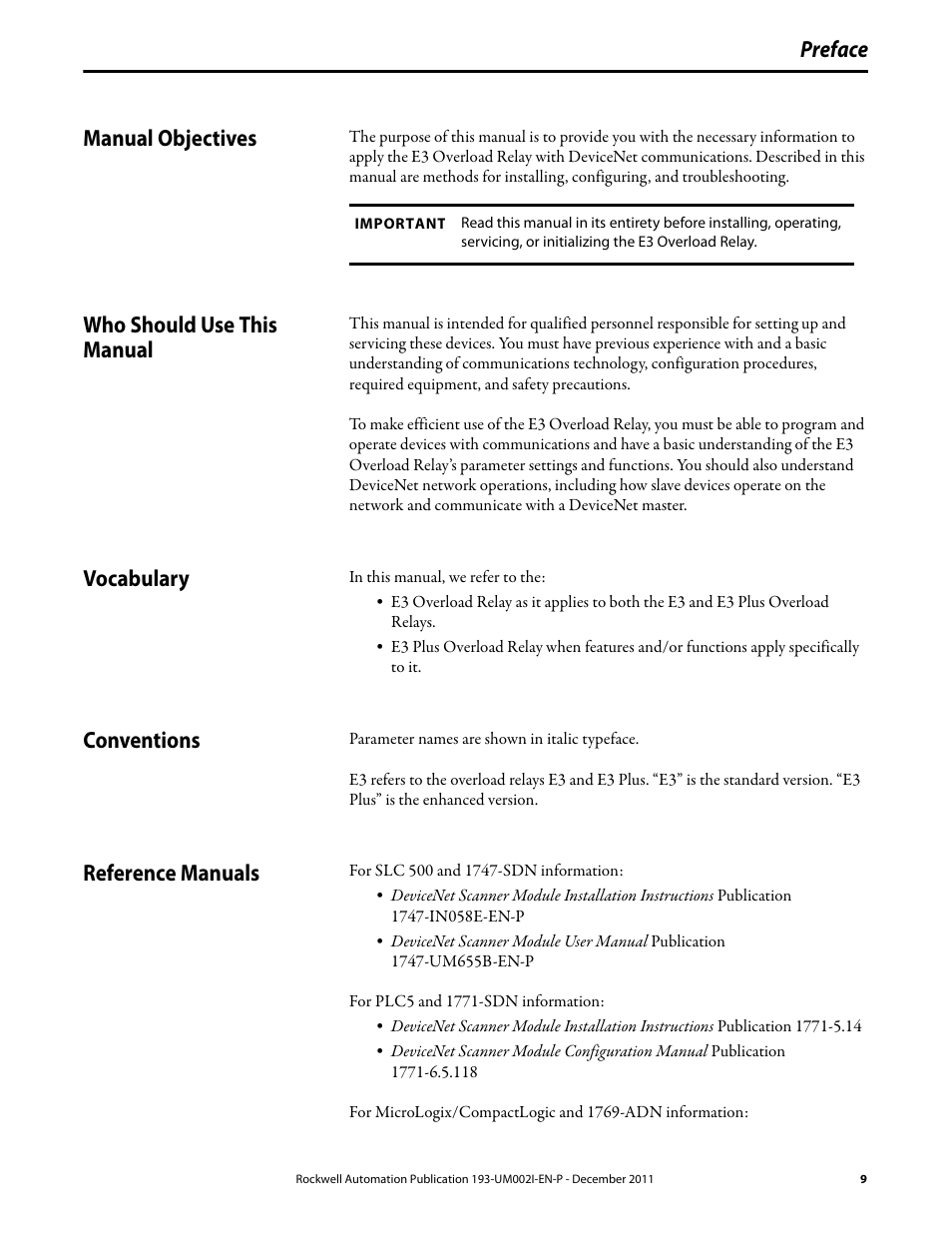Manual objectives, Who should use this manual, Vocabulary | Conventions, Reference manuals, Preface manual objectives | Rockwell Automation 193-EC1_2_3_5, 193-ECPM,592-EC1_2_3_5 E3 and E3 Plus Solid-State Overload Relay User Manual User Manual | Page 9 / 276