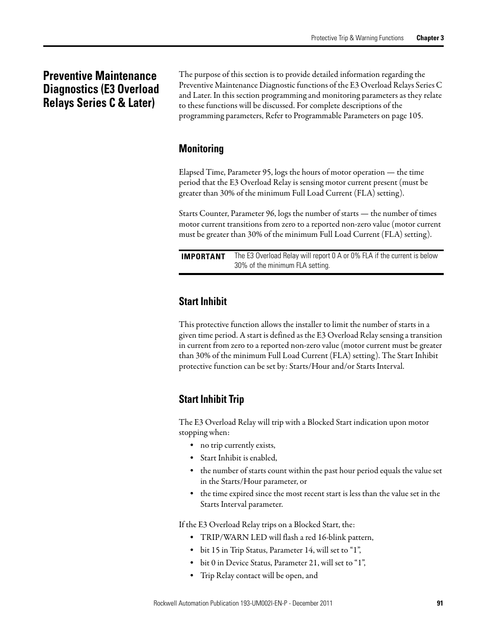 Monitoring, Start inhibit, Start inhibit trip | Monitoring start inhibit start inhibit trip | Rockwell Automation 193-EC1_2_3_5, 193-ECPM,592-EC1_2_3_5 E3 and E3 Plus Solid-State Overload Relay User Manual User Manual | Page 91 / 276