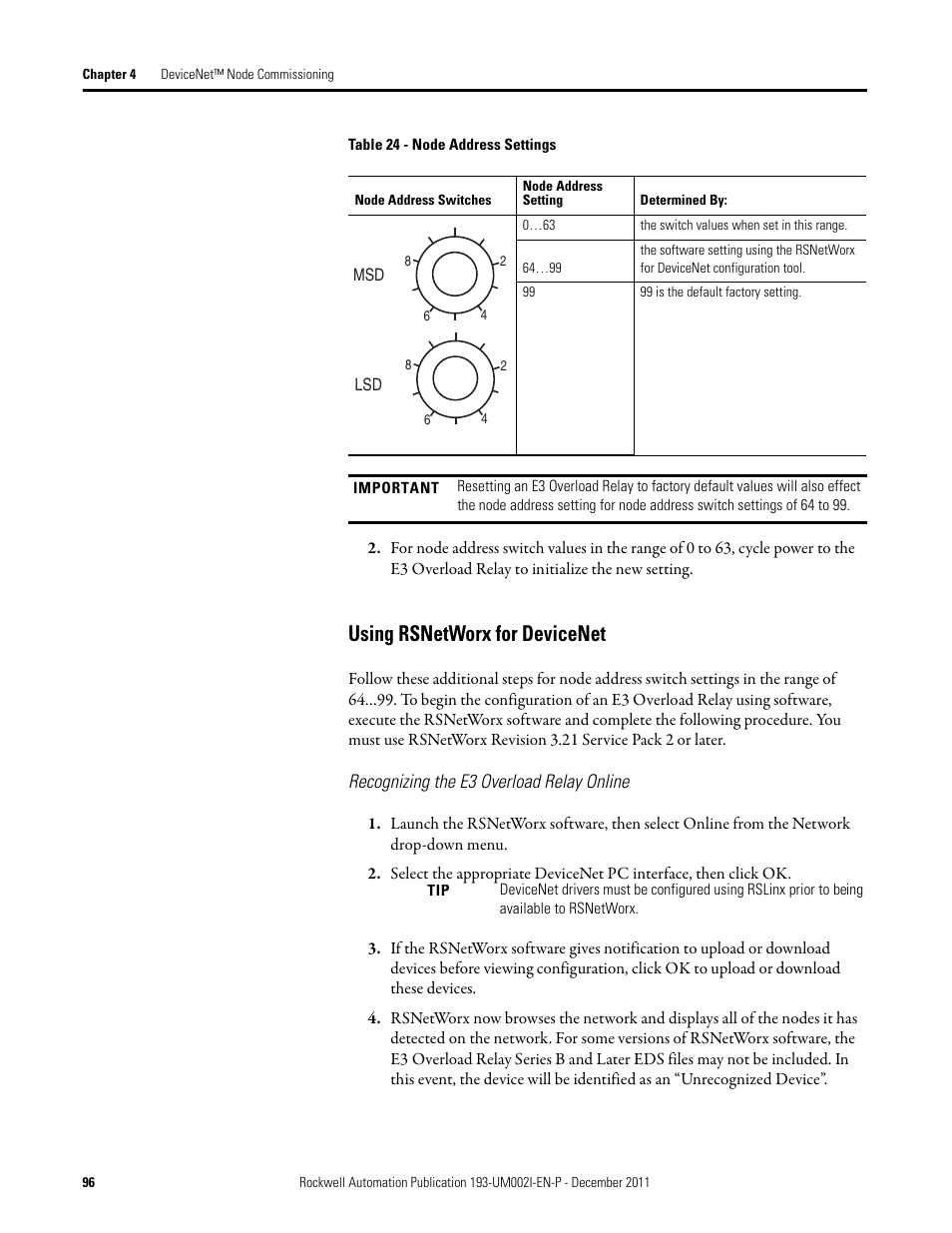 Using rsnetworx for devicenet | Rockwell Automation 193-EC1_2_3_5, 193-ECPM,592-EC1_2_3_5 E3 and E3 Plus Solid-State Overload Relay User Manual User Manual | Page 96 / 276