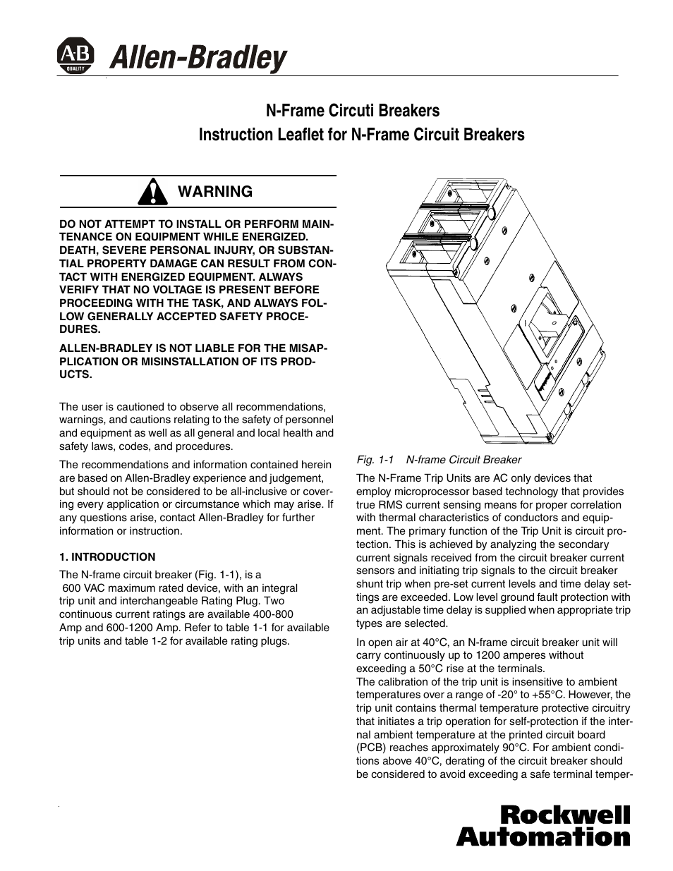 Rockwell Automation 140U N-Frame Circuti Breakers Instruction Leaflet for N-Frame Circuit Breakers User Manual | 16 pages
