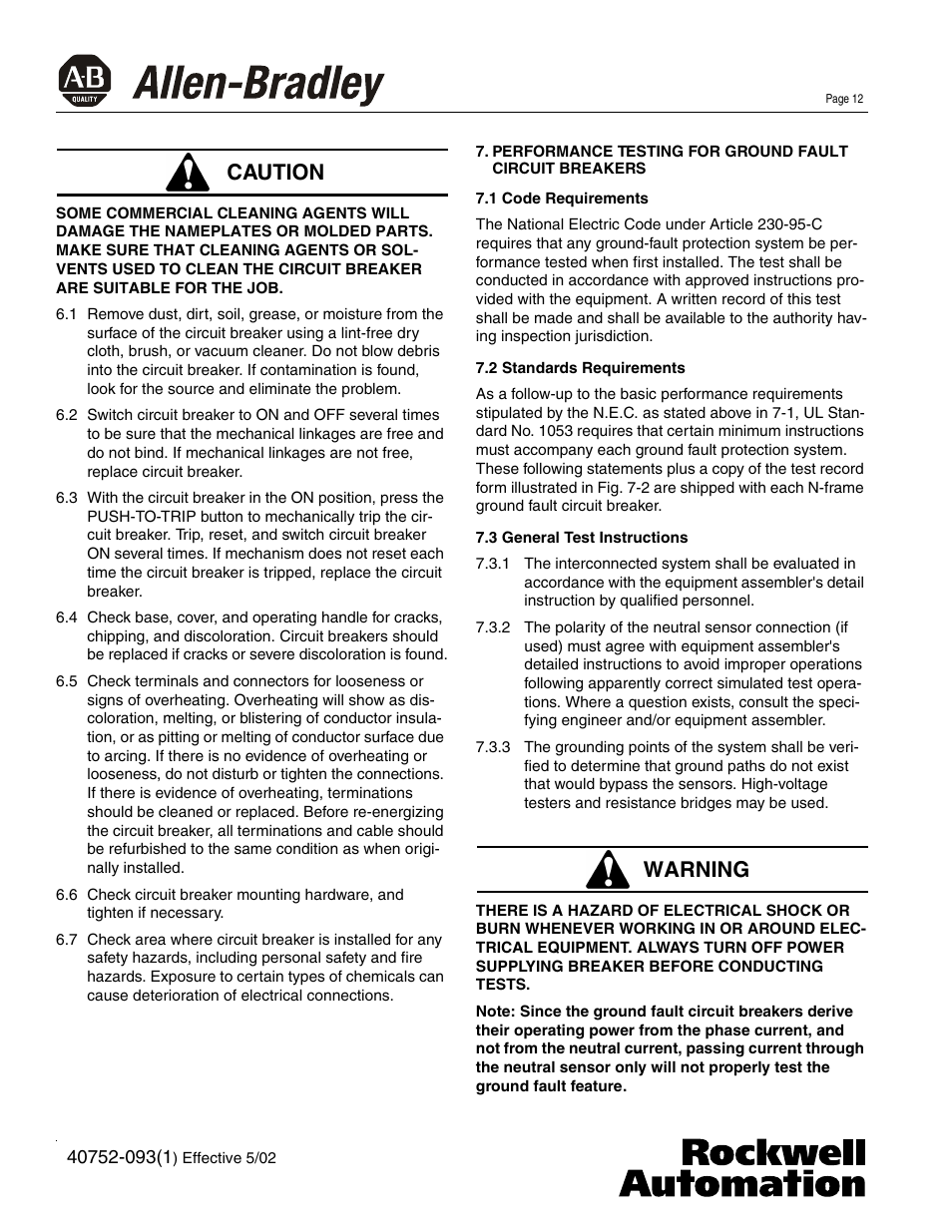 Caution warning | Rockwell Automation 140U N-Frame Circuti Breakers Instruction Leaflet for N-Frame Circuit Breakers User Manual | Page 12 / 16
