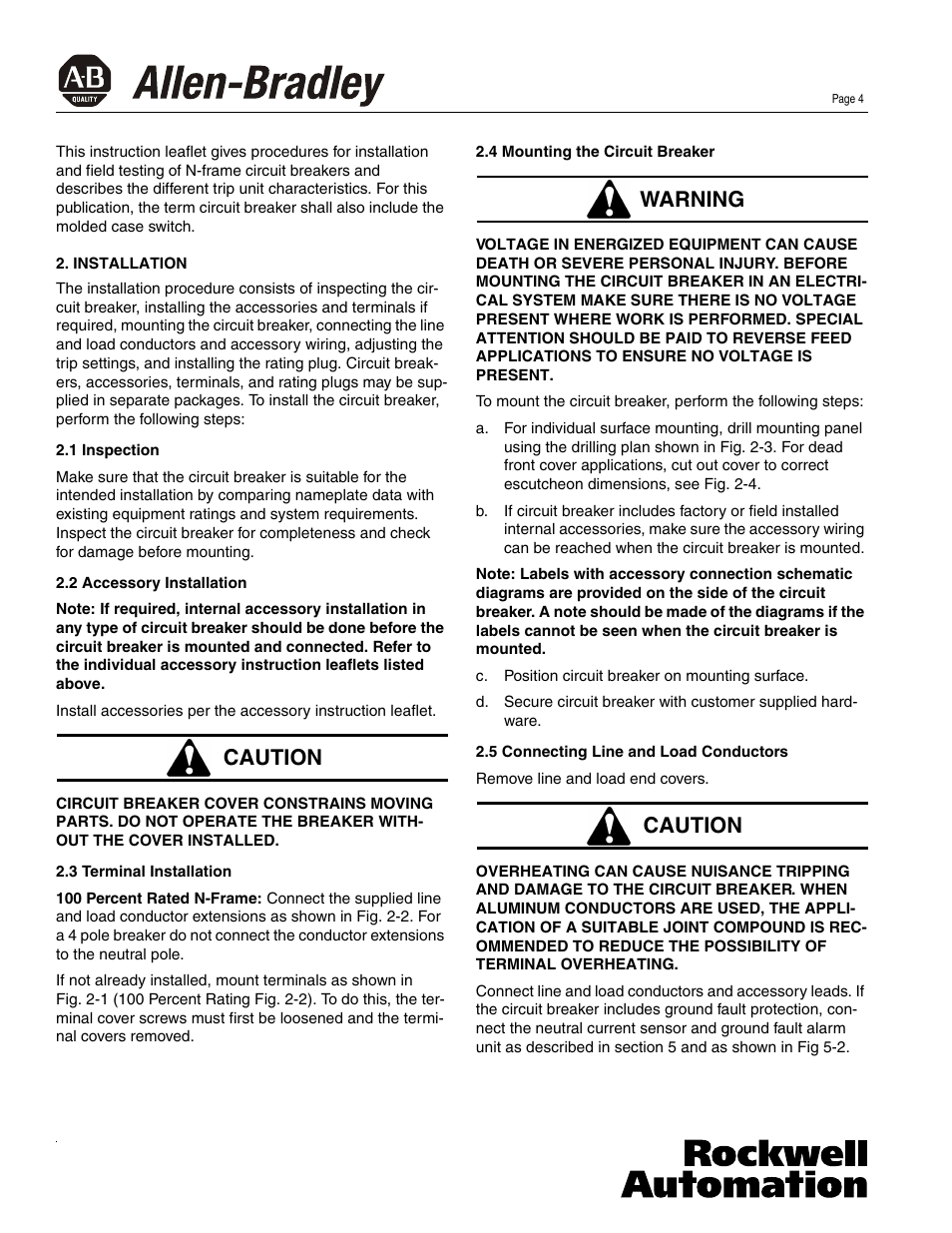 Caution warning caution | Rockwell Automation 140U N-Frame Circuti Breakers Instruction Leaflet for N-Frame Circuit Breakers User Manual | Page 4 / 16