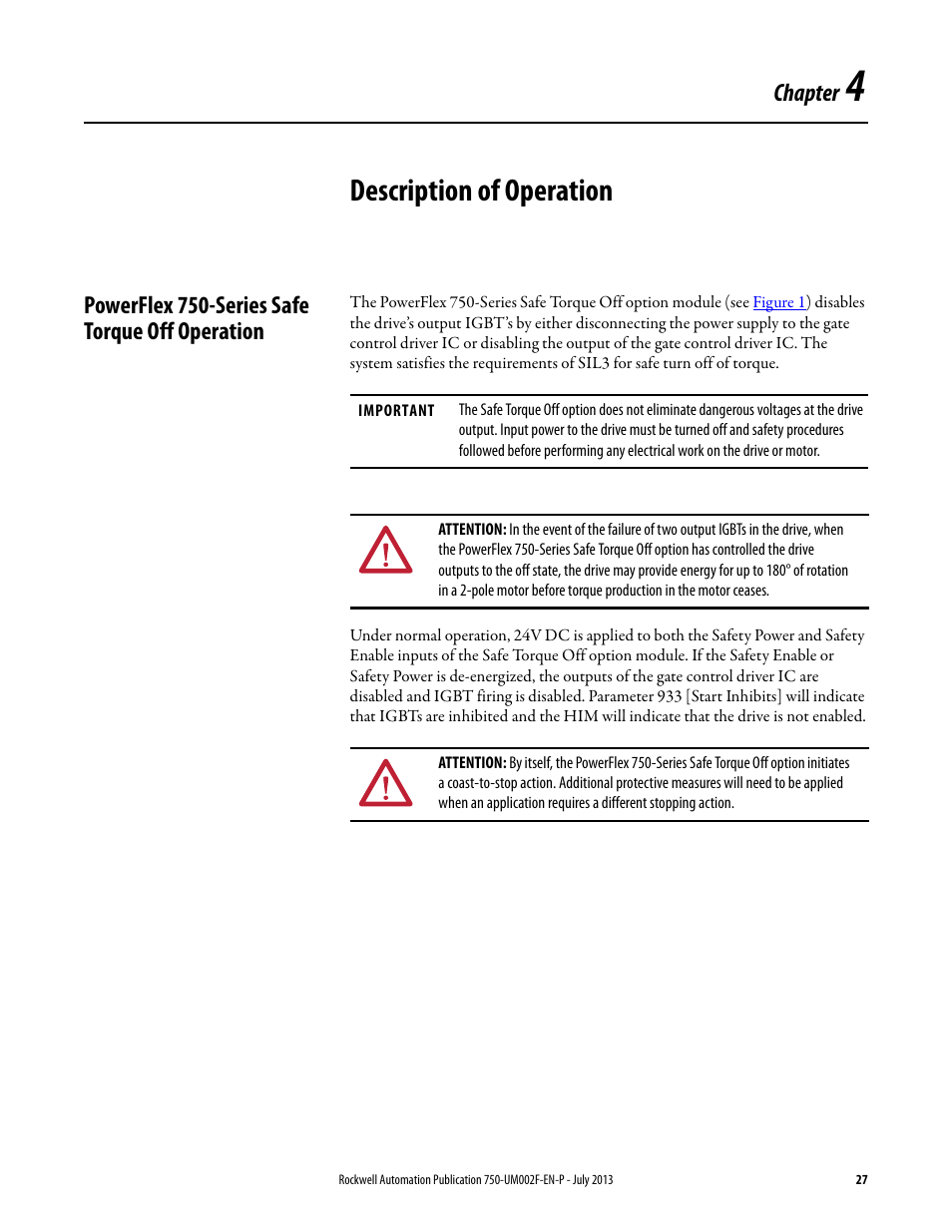 Description of operation, Powerflex 750-series safe torque off operation, Chapter 4 | Chapter | Rockwell Automation 21G PowerFlex 750 Series Safe Torque Off User Manual | Page 27 / 38