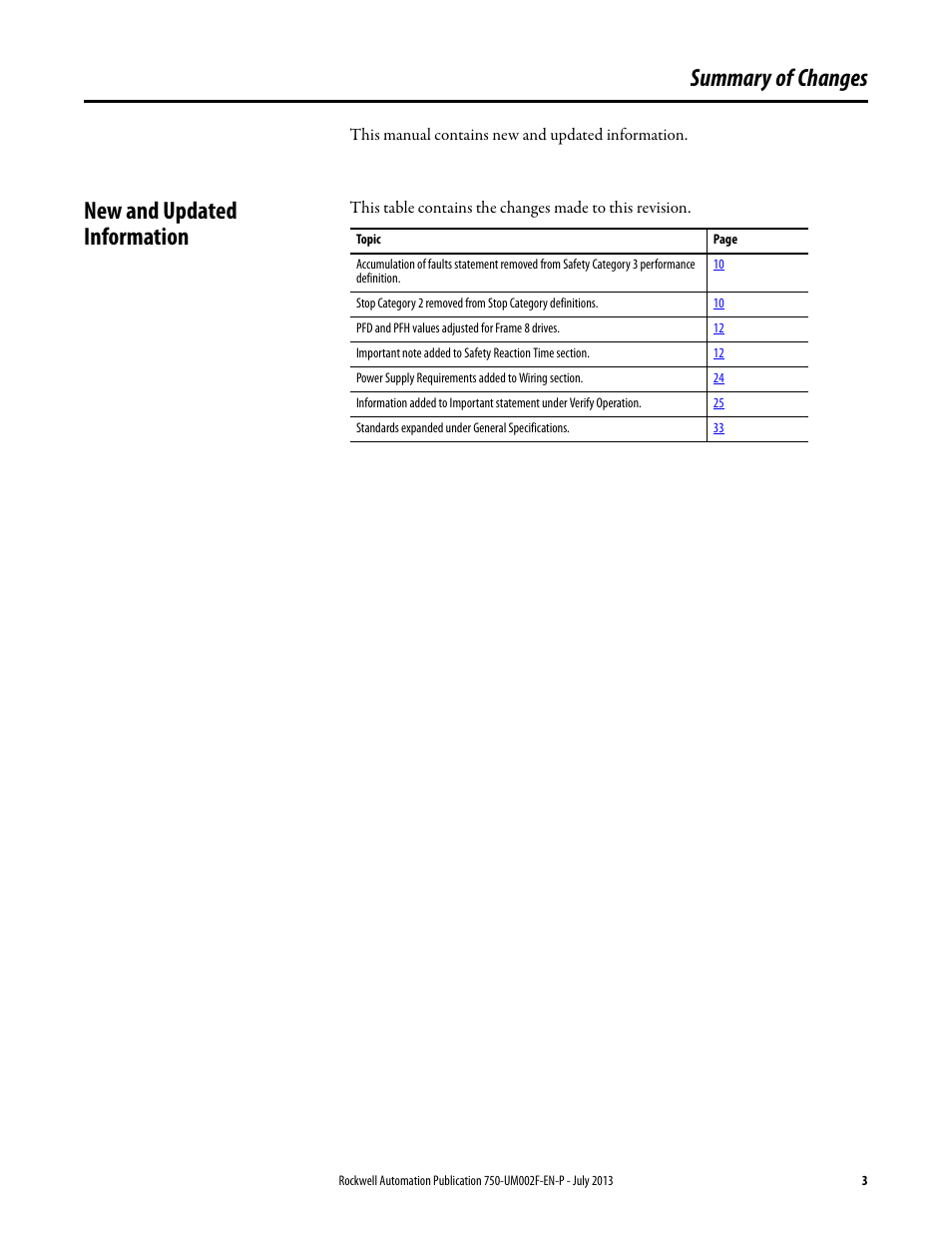 Summary of changes, New and updated information | Rockwell Automation 21G PowerFlex 750 Series Safe Torque Off User Manual | Page 3 / 38