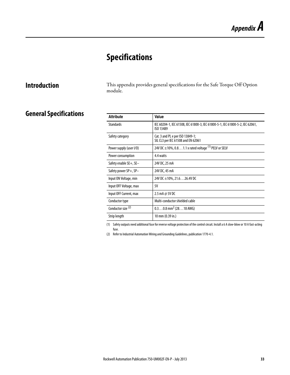 Specifications, Introduction, General specifications | Appendix a, Introduction general specifications, Appendix | Rockwell Automation 21G PowerFlex 750 Series Safe Torque Off User Manual | Page 33 / 38