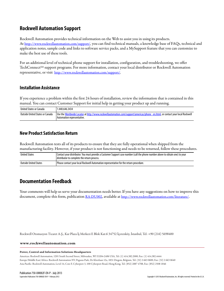 Publication 750-um002f-en-p – july 2013, Rockwell automation support, Documentation feedback | Installation assistance, New product satisfaction return | Rockwell Automation 21G PowerFlex 750 Series Safe Torque Off User Manual | Page 38 / 38