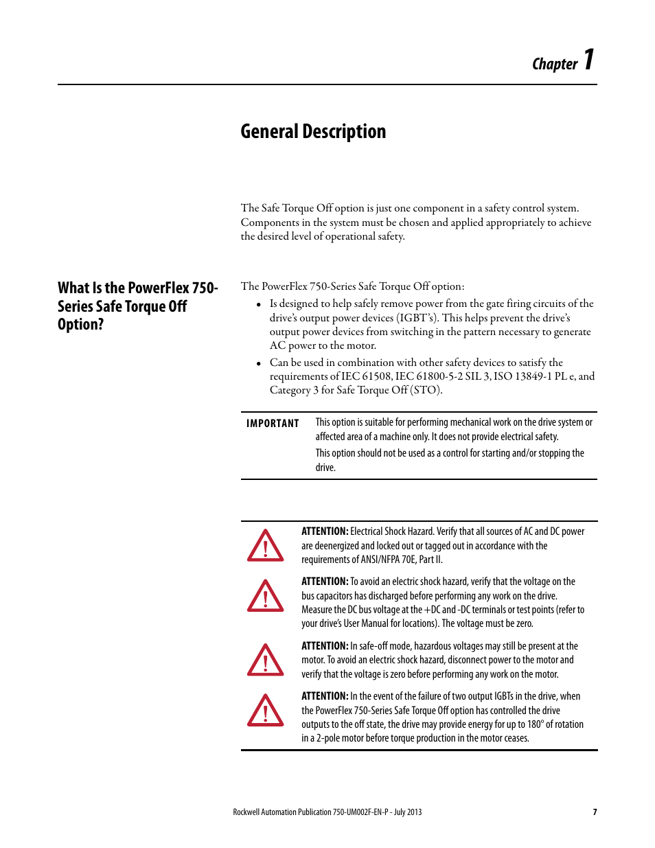 General description, Chapter 1, Chapter | Rockwell Automation 21G PowerFlex 750 Series Safe Torque Off User Manual | Page 7 / 38