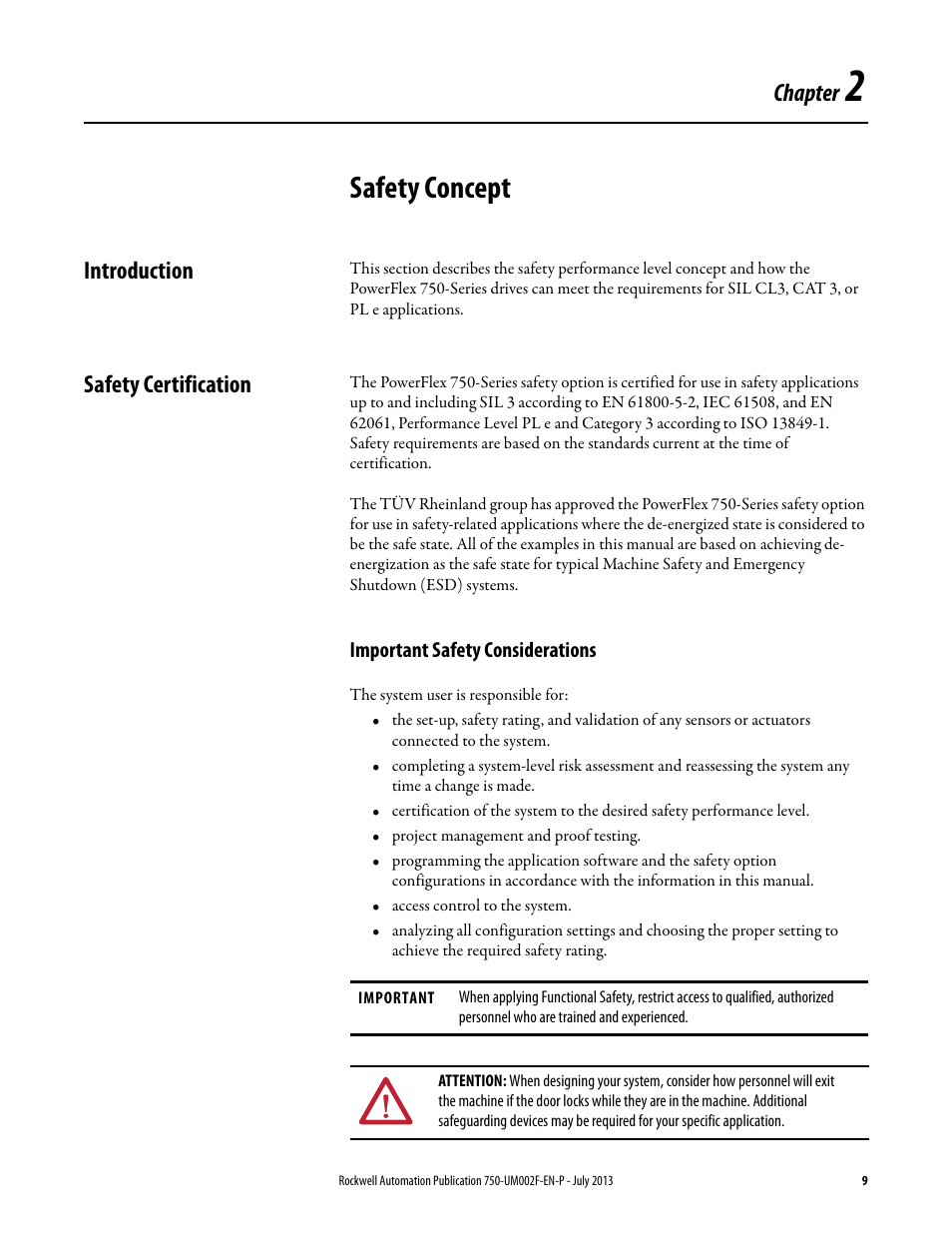 Safety concept, Introduction, Safety certification | Important safety considerations, Chapter 2, Introduction safety certification, Chapter | Rockwell Automation 21G PowerFlex 750 Series Safe Torque Off User Manual | Page 9 / 38