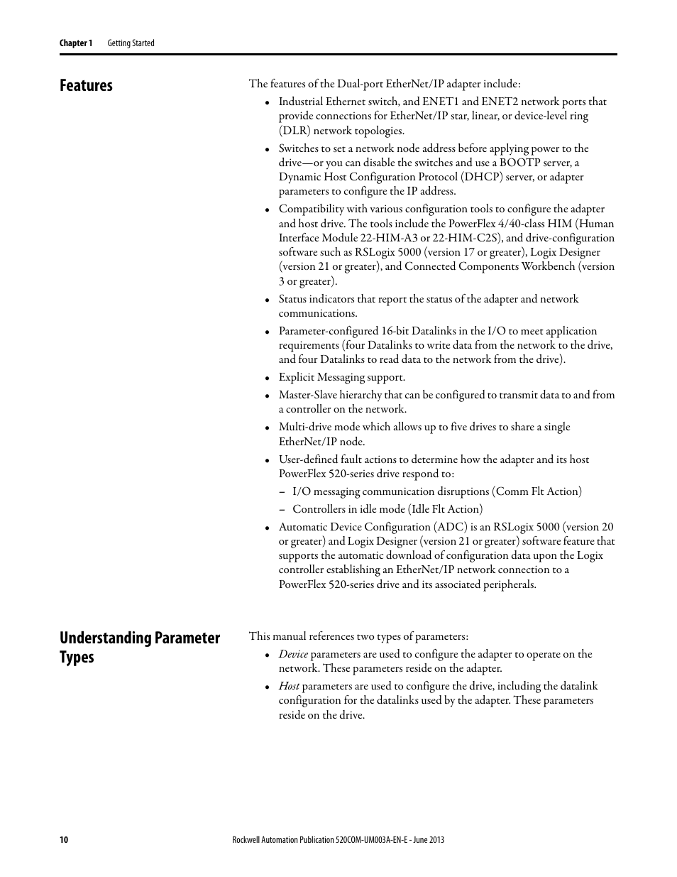 Features, Understanding parameter types, Features understanding parameter types | Rockwell Automation 25-COMM-E2P PowerFlex 25-COMM-E2P Dual-Port EtherNet/IP Adapter User Manual | Page 10 / 172