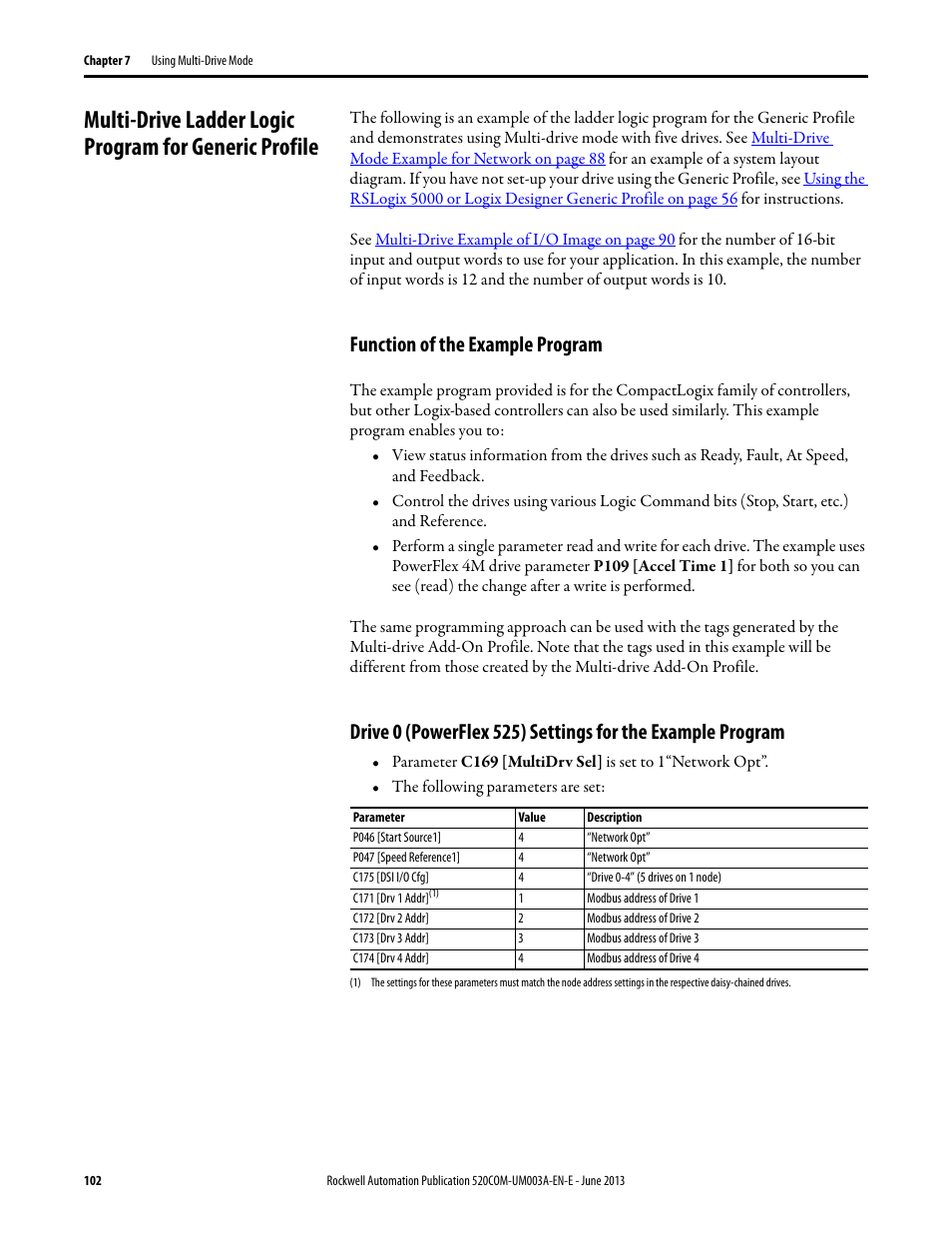Function of the example program | Rockwell Automation 25-COMM-E2P PowerFlex 25-COMM-E2P Dual-Port EtherNet/IP Adapter User Manual | Page 102 / 172