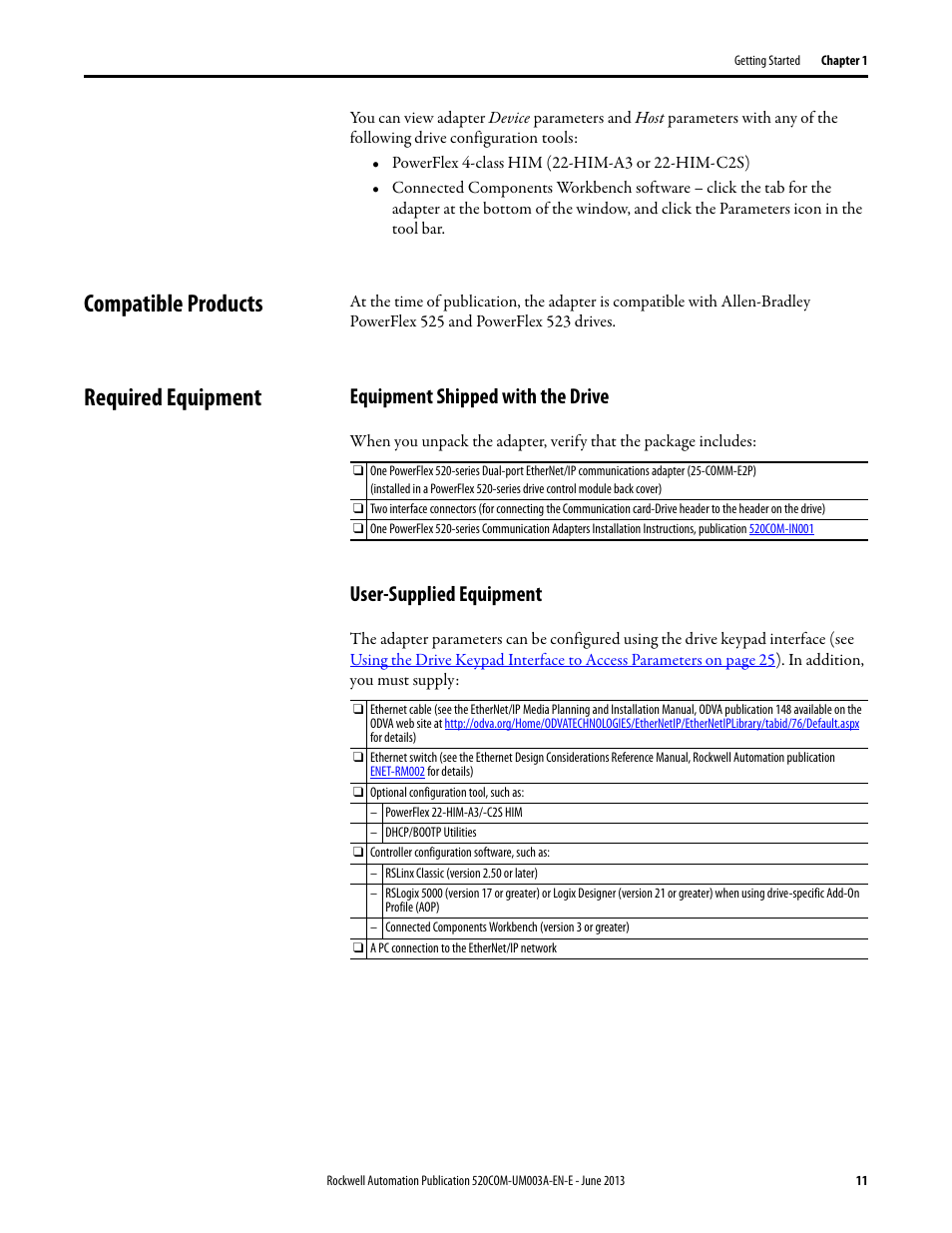 Compatible products, Required equipment, Equipment shipped with the drive | User-supplied equipment, Compatible products required equipment | Rockwell Automation 25-COMM-E2P PowerFlex 25-COMM-E2P Dual-Port EtherNet/IP Adapter User Manual | Page 11 / 172