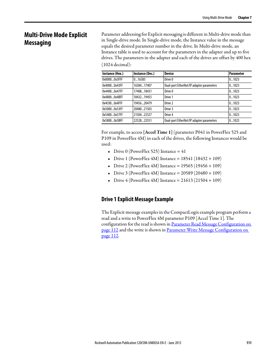 Multi-drive mode explicit messaging, Drive 1 explicit message example | Rockwell Automation 25-COMM-E2P PowerFlex 25-COMM-E2P Dual-Port EtherNet/IP Adapter User Manual | Page 111 / 172