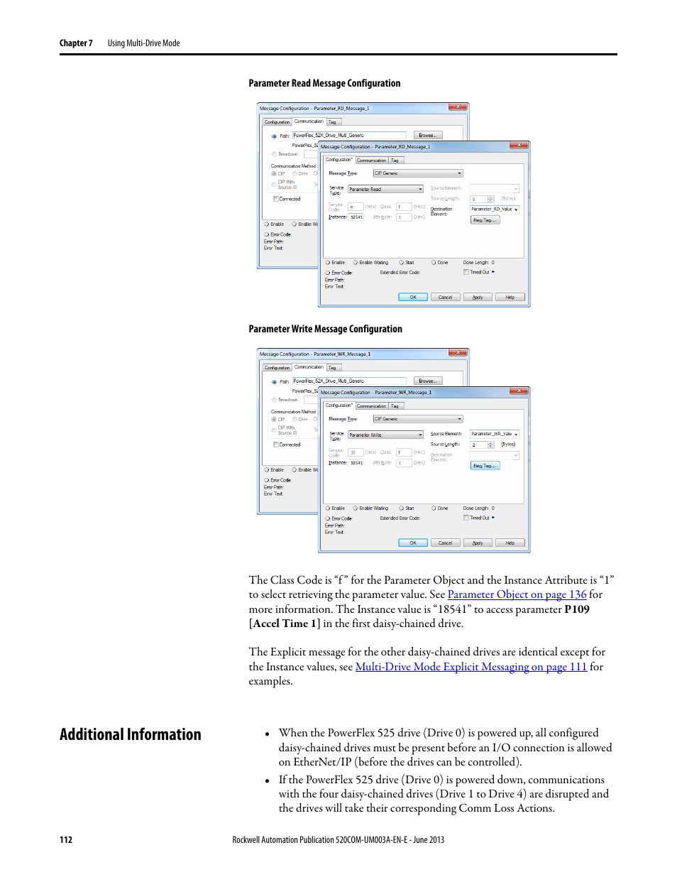 Additional information, Parameter read message configuration on, And t | Parameter write message configuration on | Rockwell Automation 25-COMM-E2P PowerFlex 25-COMM-E2P Dual-Port EtherNet/IP Adapter User Manual | Page 112 / 172