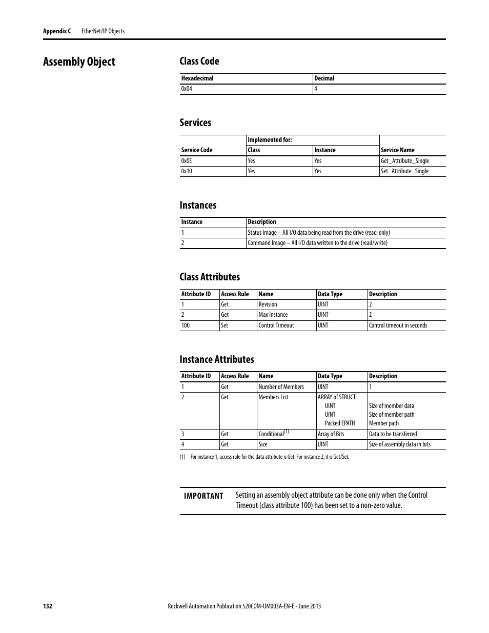 Assembly object, Class code, Services | Instances, Class attributes, Instance attributes | Rockwell Automation 25-COMM-E2P PowerFlex 25-COMM-E2P Dual-Port EtherNet/IP Adapter User Manual | Page 132 / 172