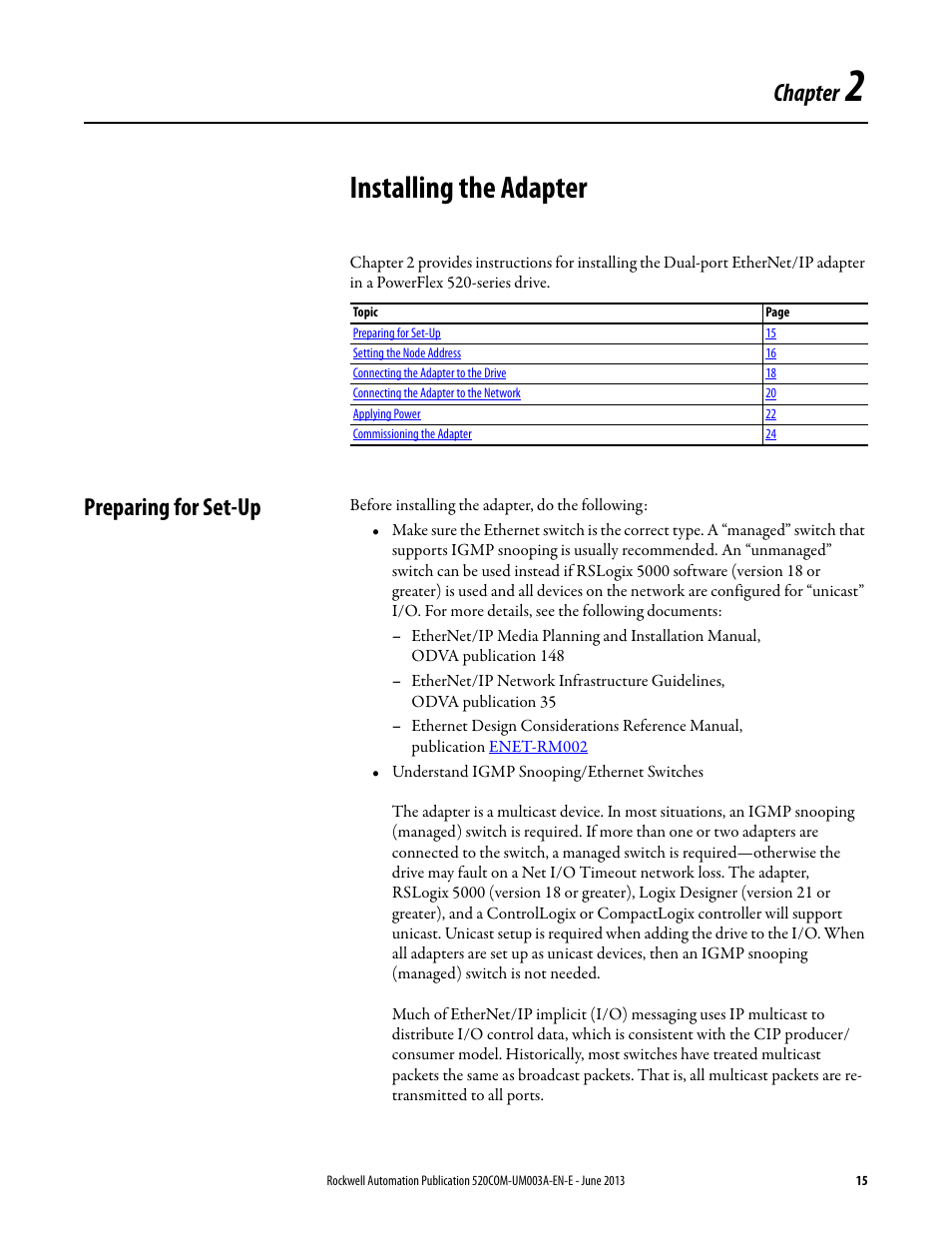Installing the adapter, Preparing for set-up, Chapter 2 | Chapter | Rockwell Automation 25-COMM-E2P PowerFlex 25-COMM-E2P Dual-Port EtherNet/IP Adapter User Manual | Page 15 / 172