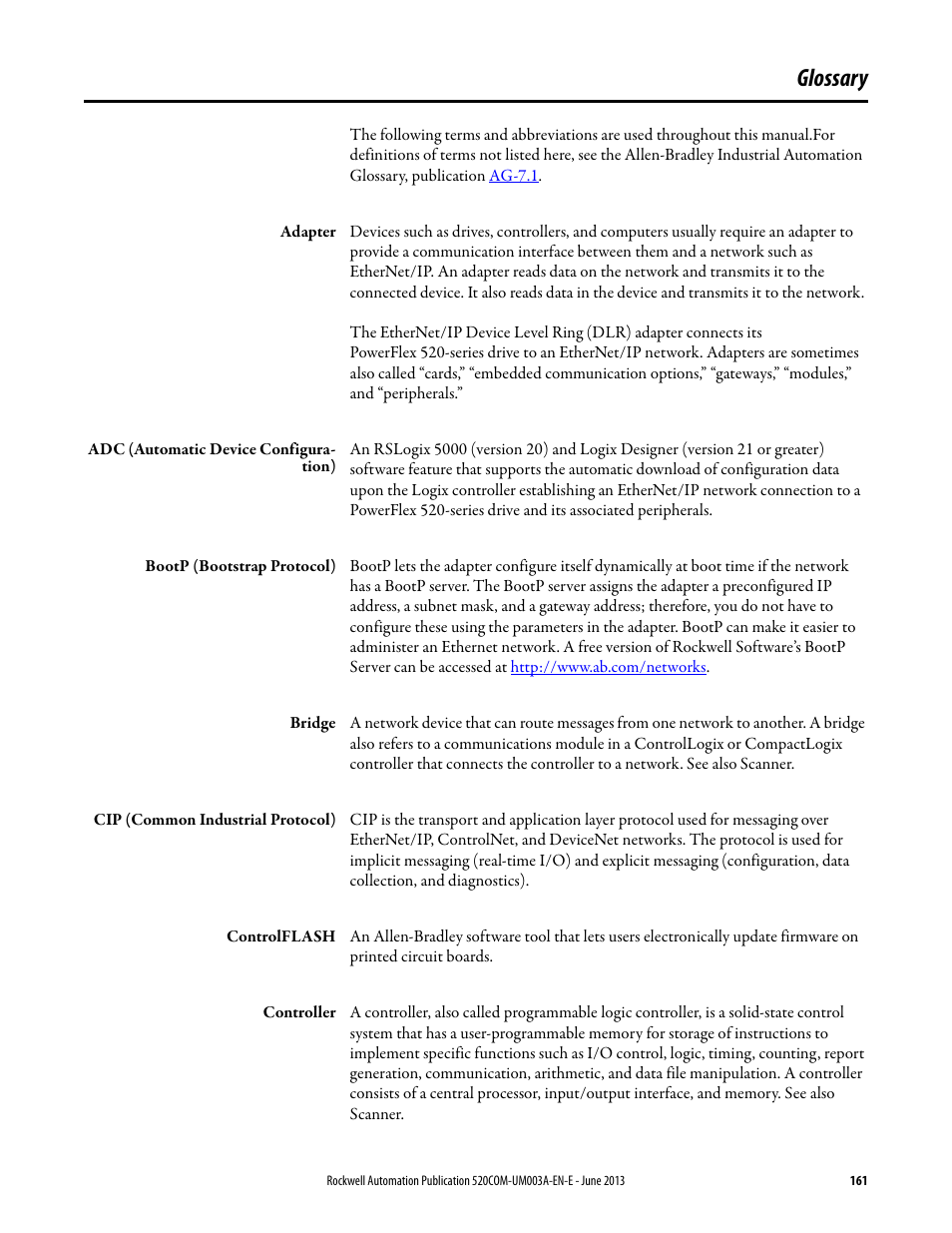 Glossary | Rockwell Automation 25-COMM-E2P PowerFlex 25-COMM-E2P Dual-Port EtherNet/IP Adapter User Manual | Page 161 / 172