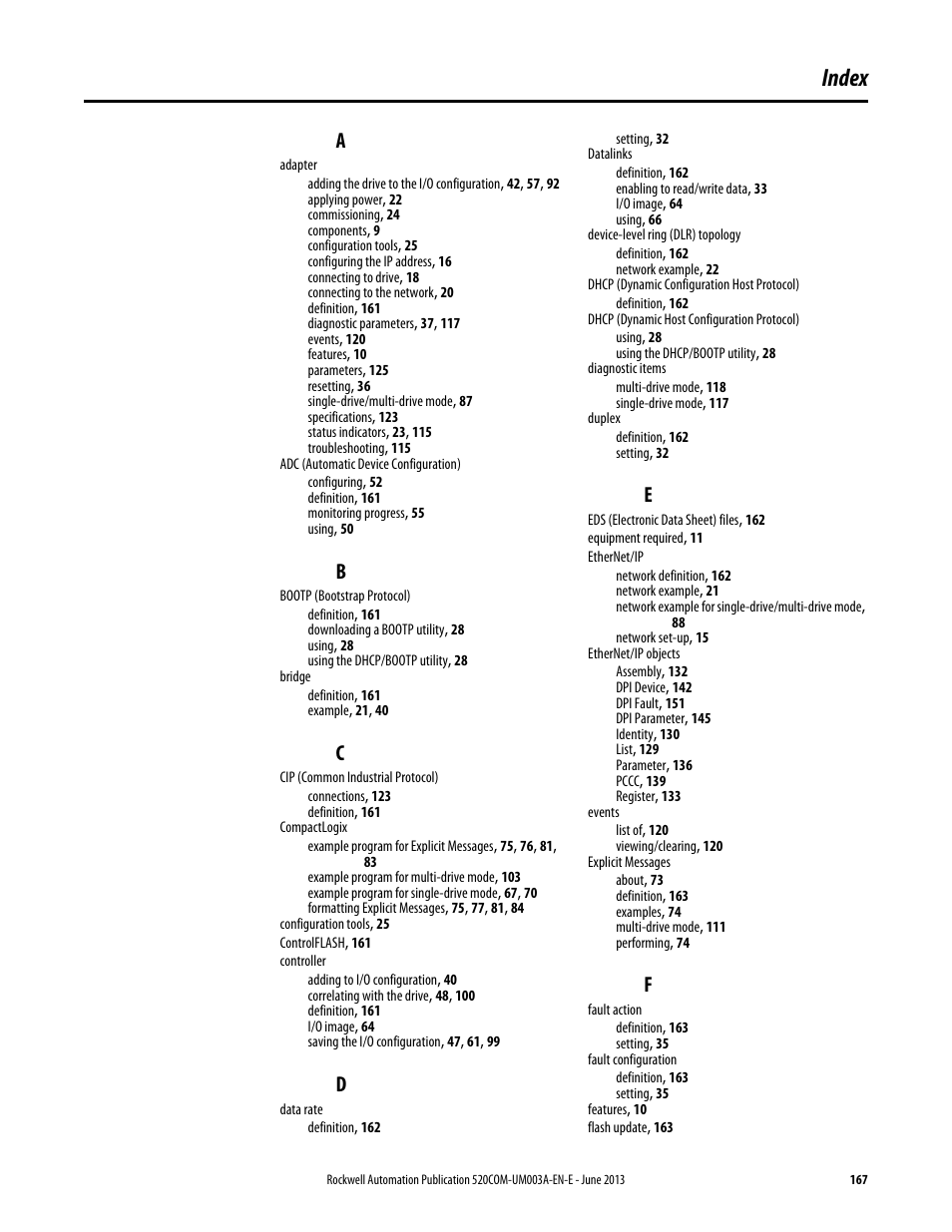 Index | Rockwell Automation 25-COMM-E2P PowerFlex 25-COMM-E2P Dual-Port EtherNet/IP Adapter User Manual | Page 167 / 172