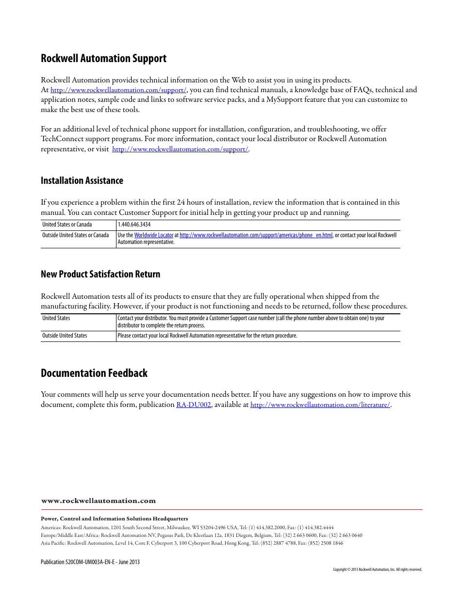 Back cover, Rockwell automation support, Documentation feedback | Installation assistance, New product satisfaction return | Rockwell Automation 25-COMM-E2P PowerFlex 25-COMM-E2P Dual-Port EtherNet/IP Adapter User Manual | Page 172 / 172