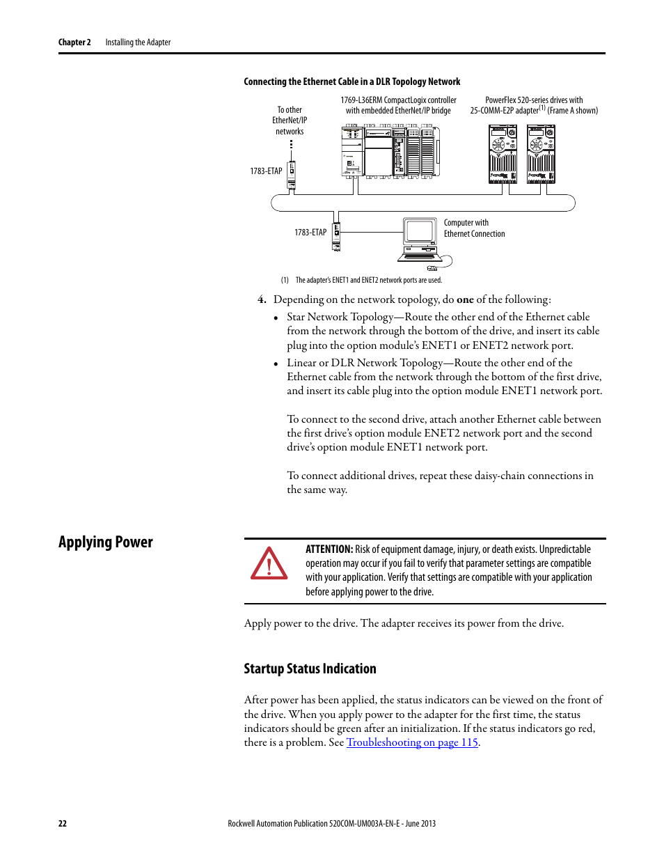Applying power, Startup status indication | Rockwell Automation 25-COMM-E2P PowerFlex 25-COMM-E2P Dual-Port EtherNet/IP Adapter User Manual | Page 22 / 172