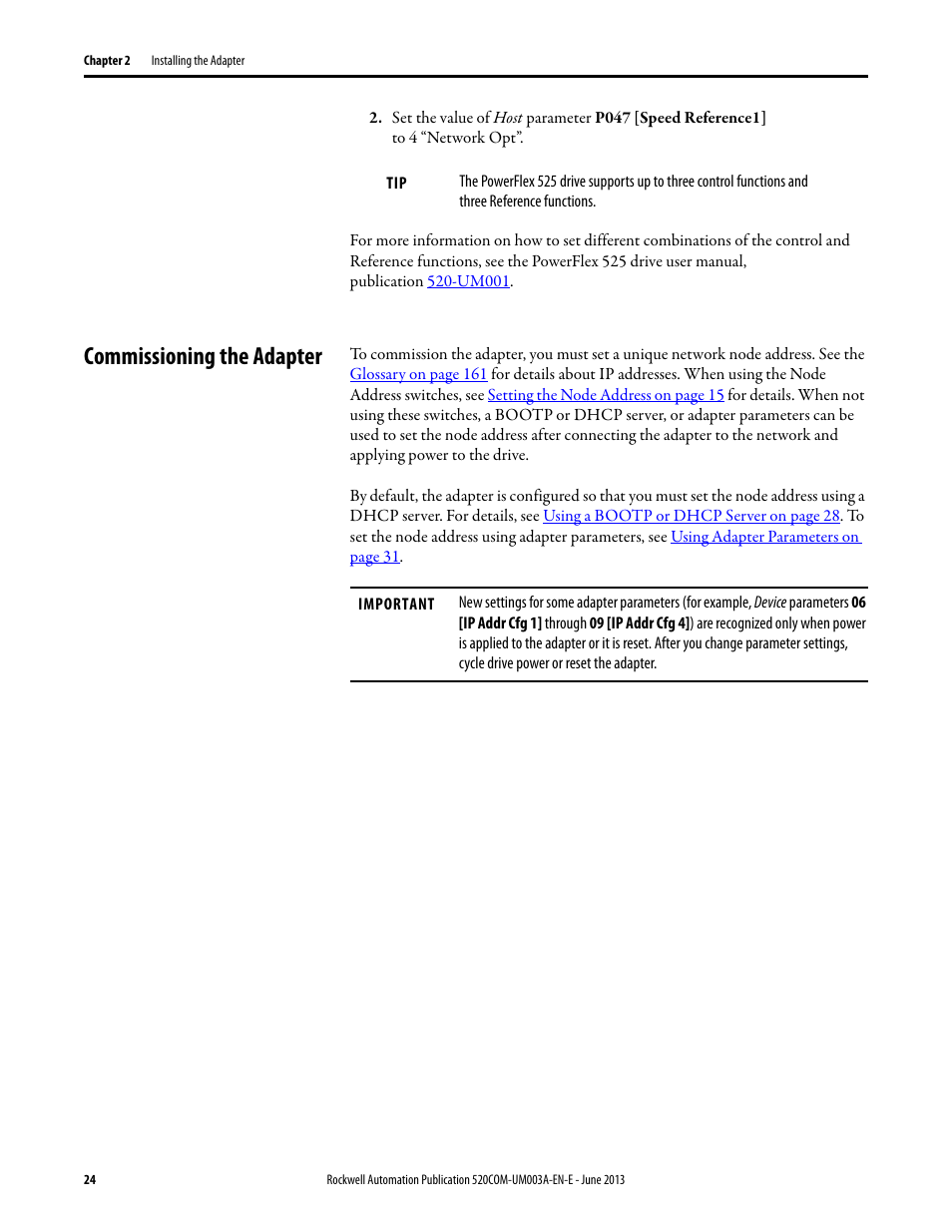 Commissioning the adapter | Rockwell Automation 25-COMM-E2P PowerFlex 25-COMM-E2P Dual-Port EtherNet/IP Adapter User Manual | Page 24 / 172