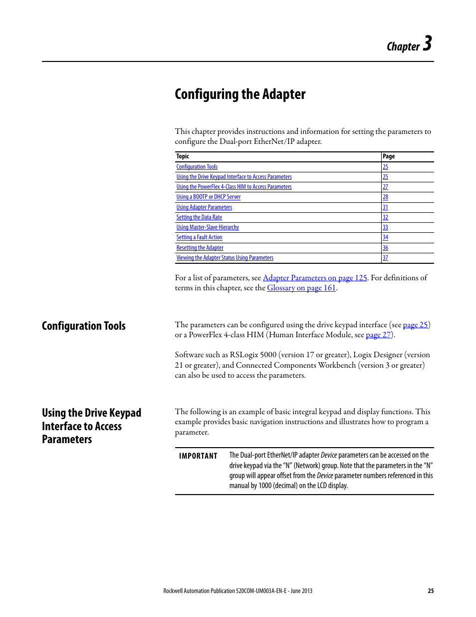 Configuring the adapter, Configuration tools, Chapter 3 | Chapter | Rockwell Automation 25-COMM-E2P PowerFlex 25-COMM-E2P Dual-Port EtherNet/IP Adapter User Manual | Page 25 / 172