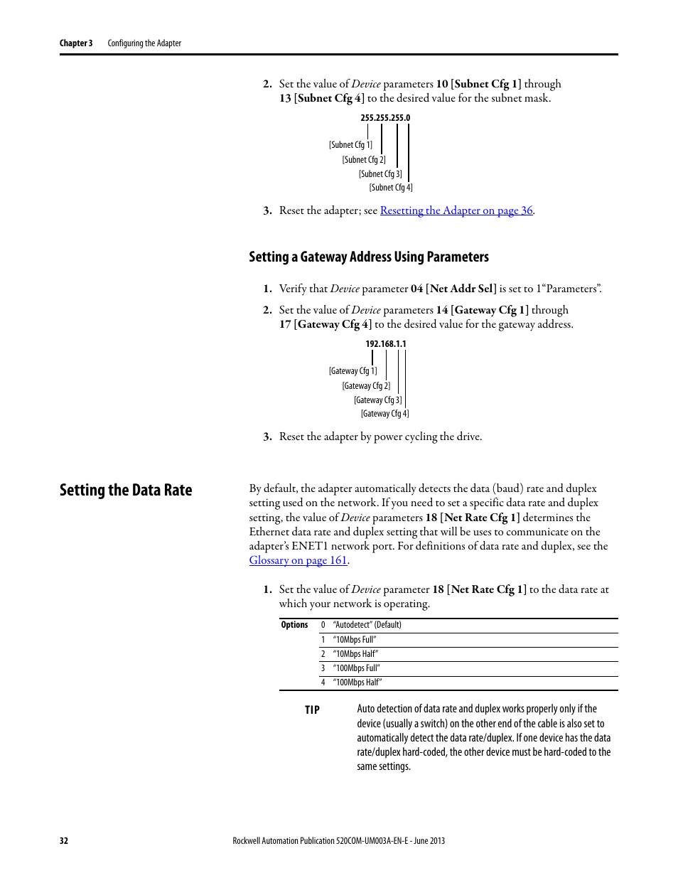 Setting a gateway address using parameters, Setting the data rate | Rockwell Automation 25-COMM-E2P PowerFlex 25-COMM-E2P Dual-Port EtherNet/IP Adapter User Manual | Page 32 / 172