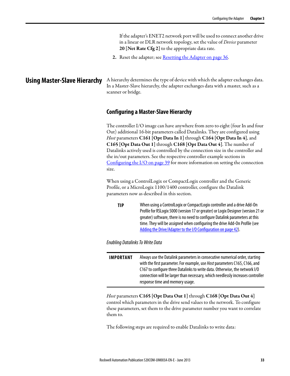 Using master-slave hierarchy, Configuring a master-slave hierarchy | Rockwell Automation 25-COMM-E2P PowerFlex 25-COMM-E2P Dual-Port EtherNet/IP Adapter User Manual | Page 33 / 172