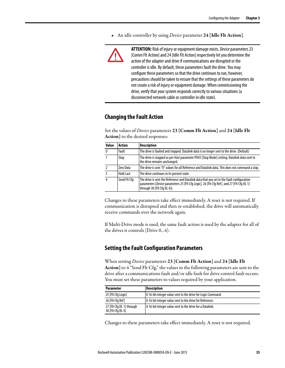 Changing the fault action, Setting the fault configuration parameters | Rockwell Automation 25-COMM-E2P PowerFlex 25-COMM-E2P Dual-Port EtherNet/IP Adapter User Manual | Page 35 / 172
