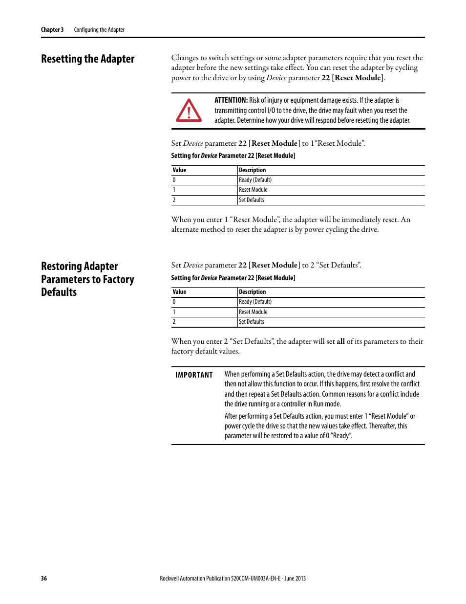 Resetting the adapter, Restoring adapter parameters to factory defaults | Rockwell Automation 25-COMM-E2P PowerFlex 25-COMM-E2P Dual-Port EtherNet/IP Adapter User Manual | Page 36 / 172