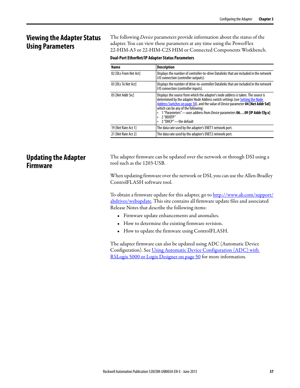 Viewing the adapter status using parameters, Updating the adapter firmware | Rockwell Automation 25-COMM-E2P PowerFlex 25-COMM-E2P Dual-Port EtherNet/IP Adapter User Manual | Page 37 / 172