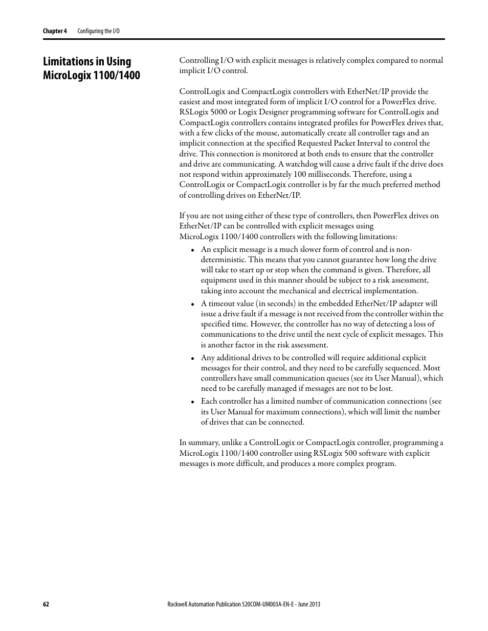 Limitations in using micrologix 1100/1400 | Rockwell Automation 25-COMM-E2P PowerFlex 25-COMM-E2P Dual-Port EtherNet/IP Adapter User Manual | Page 62 / 172