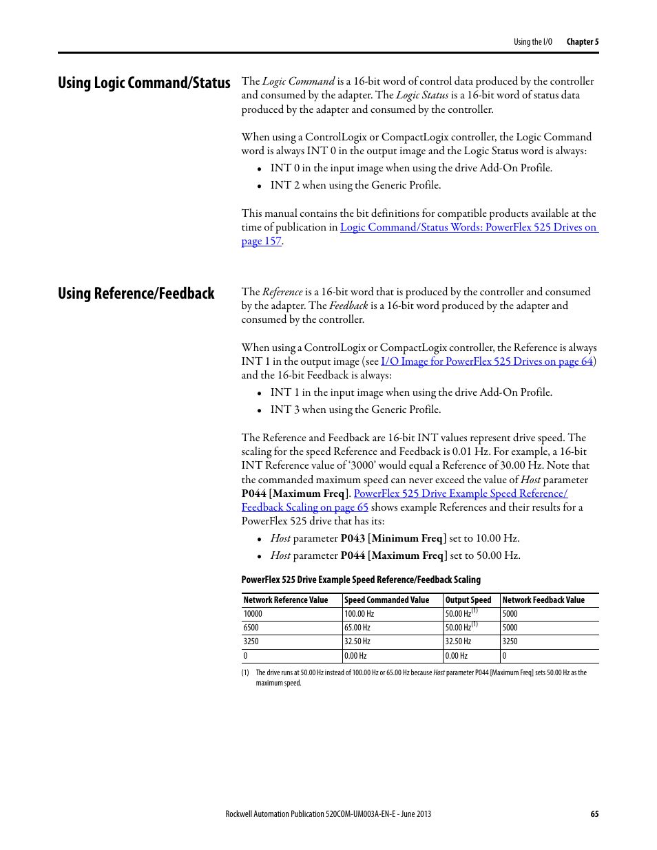 Using logic command/status, Using reference/feedback | Rockwell Automation 25-COMM-E2P PowerFlex 25-COMM-E2P Dual-Port EtherNet/IP Adapter User Manual | Page 65 / 172