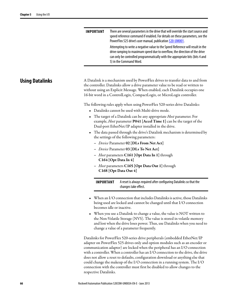 Using datalinks | Rockwell Automation 25-COMM-E2P PowerFlex 25-COMM-E2P Dual-Port EtherNet/IP Adapter User Manual | Page 66 / 172