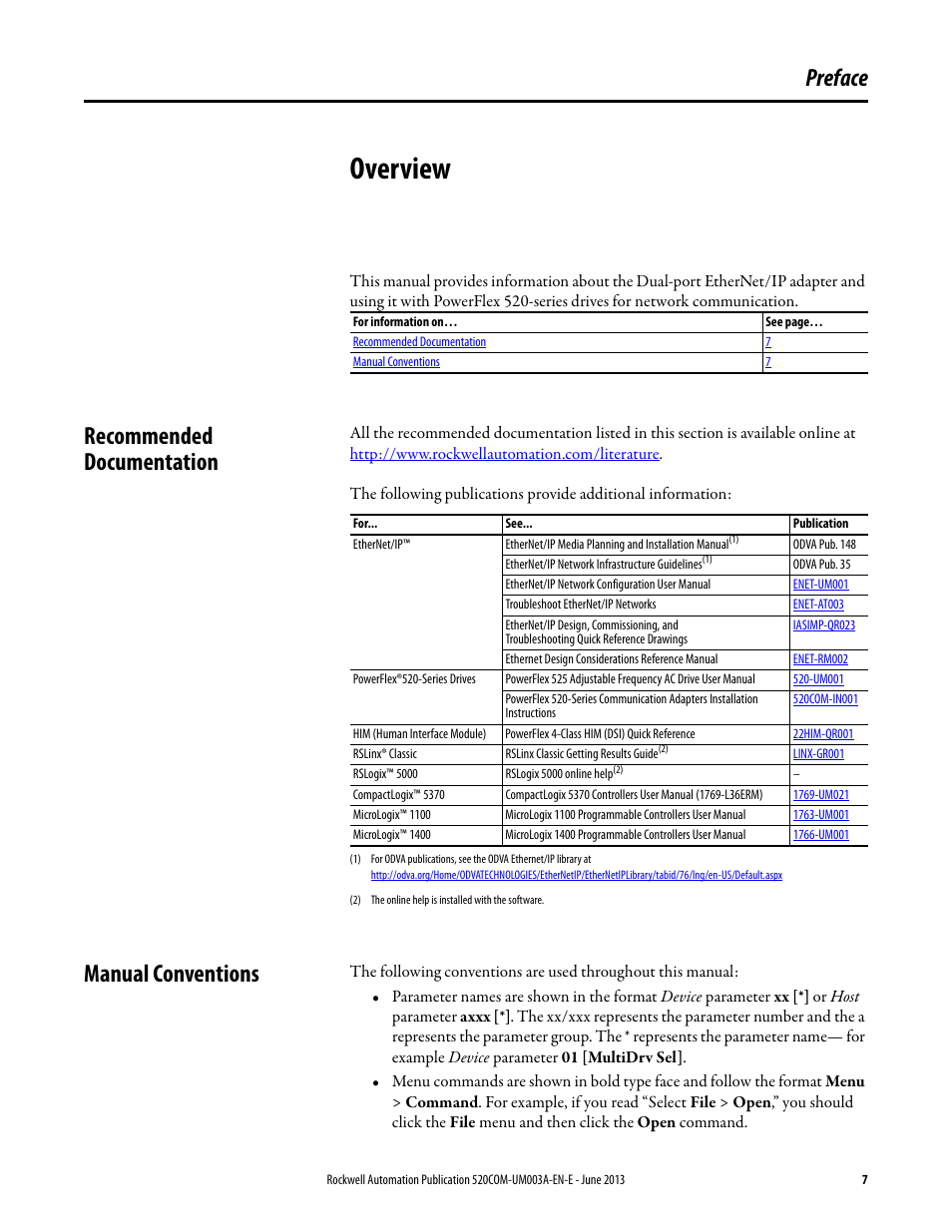 Overview, Recommended documentation, Manual conventions | Preface, Recommended documentation manual conventions | Rockwell Automation 25-COMM-E2P PowerFlex 25-COMM-E2P Dual-Port EtherNet/IP Adapter User Manual | Page 7 / 172