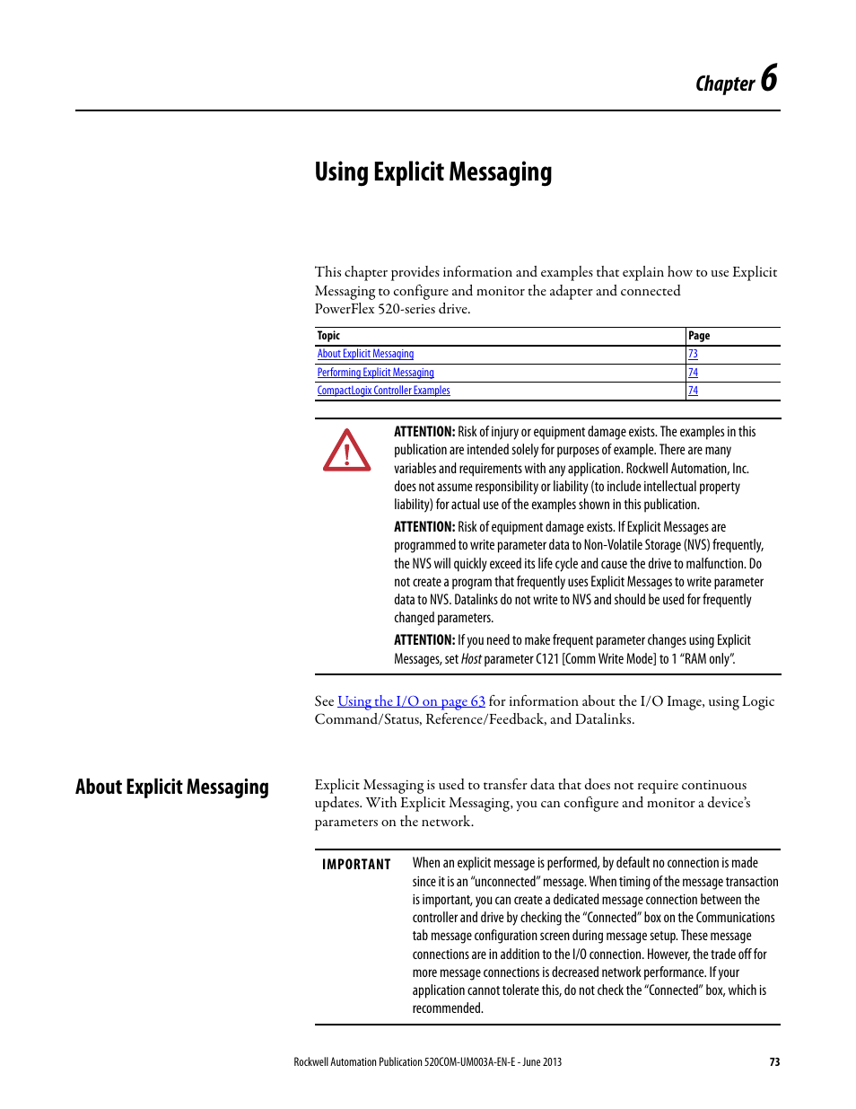Using explicit messaging, About explicit messaging, Chapter 6 | Chapter | Rockwell Automation 25-COMM-E2P PowerFlex 25-COMM-E2P Dual-Port EtherNet/IP Adapter User Manual | Page 73 / 172