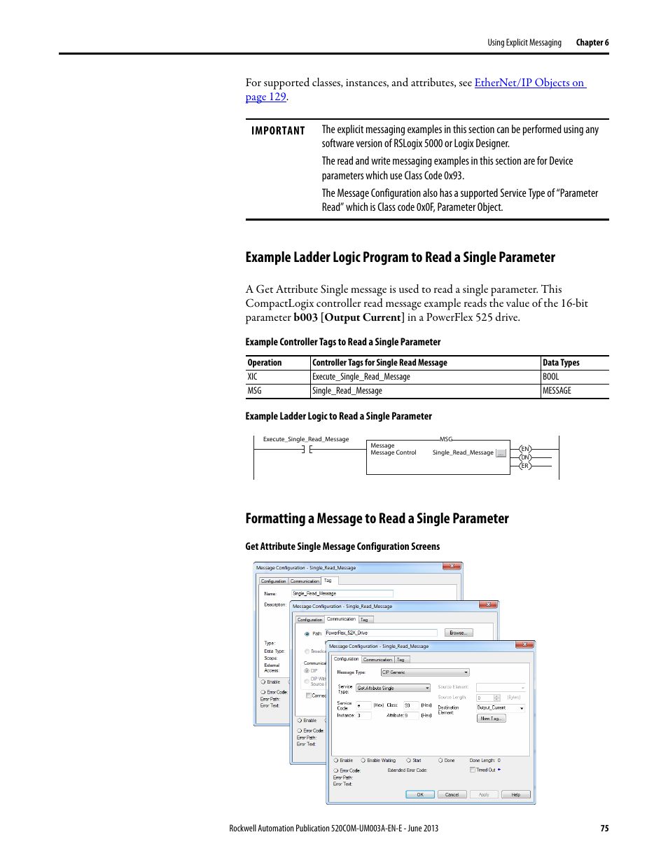 Formatting a message to read a single parameter | Rockwell Automation 25-COMM-E2P PowerFlex 25-COMM-E2P Dual-Port EtherNet/IP Adapter User Manual | Page 75 / 172