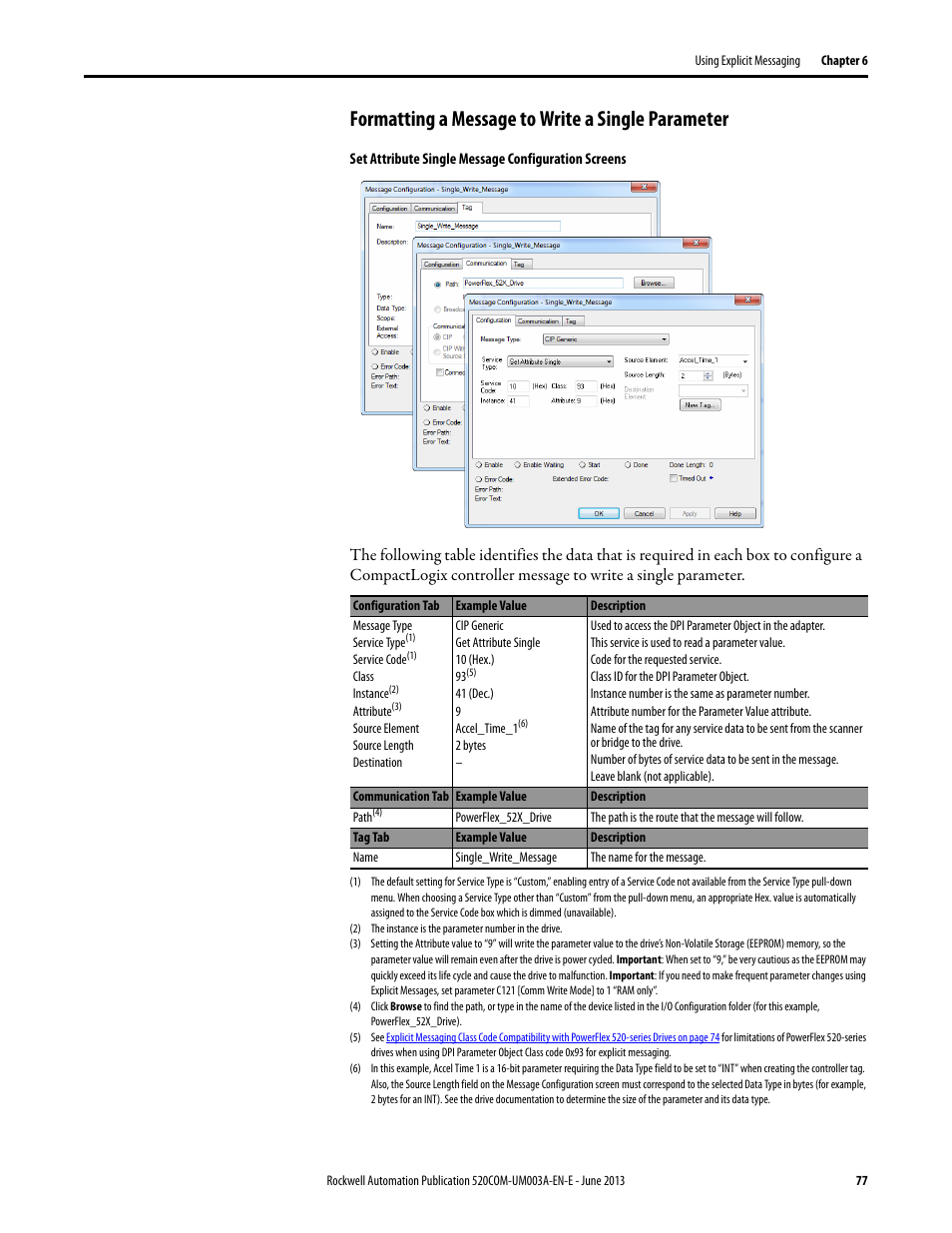 Formatting a message to write a single parameter | Rockwell Automation 25-COMM-E2P PowerFlex 25-COMM-E2P Dual-Port EtherNet/IP Adapter User Manual | Page 77 / 172