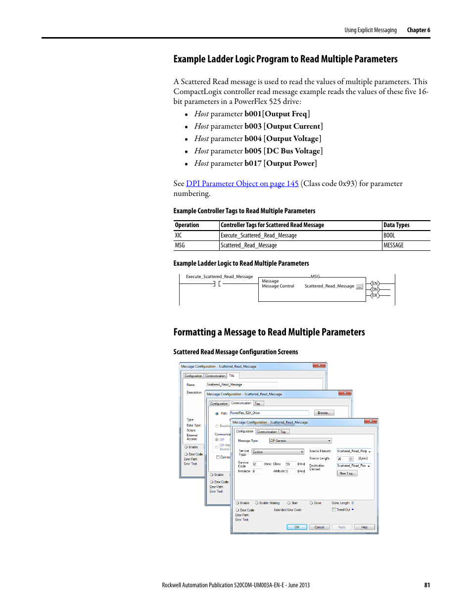 Formatting a message to read multiple parameters | Rockwell Automation 25-COMM-E2P PowerFlex 25-COMM-E2P Dual-Port EtherNet/IP Adapter User Manual | Page 81 / 172