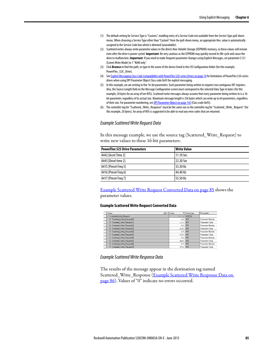 Example scattered write request data, Example scattered write response data | Rockwell Automation 25-COMM-E2P PowerFlex 25-COMM-E2P Dual-Port EtherNet/IP Adapter User Manual | Page 85 / 172
