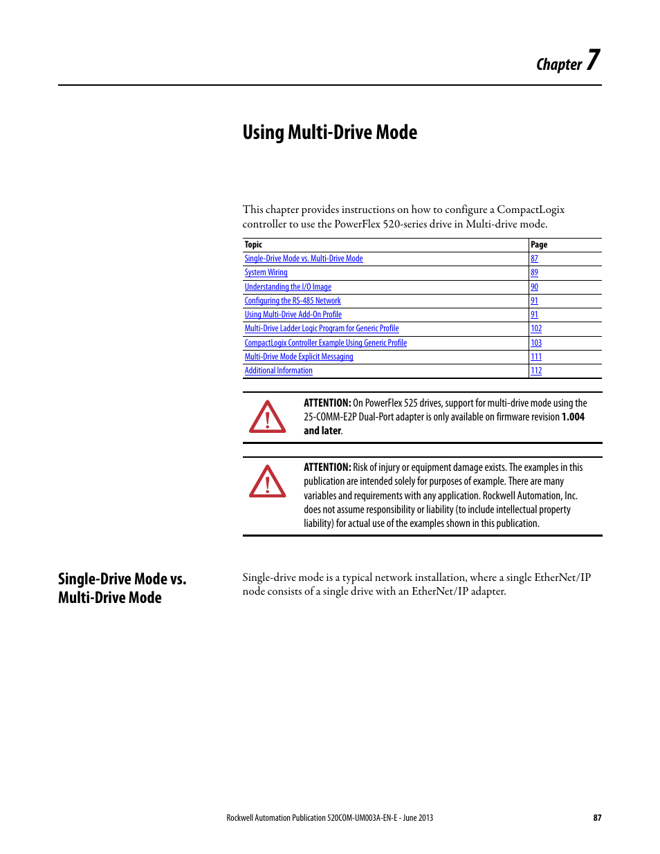 Using multi-drive mode, Single-drive mode vs. multi- drive mode, Chapter 7 | Single-drive mode vs. multi-drive mode, Using, Chapter | Rockwell Automation 25-COMM-E2P PowerFlex 25-COMM-E2P Dual-Port EtherNet/IP Adapter User Manual | Page 87 / 172