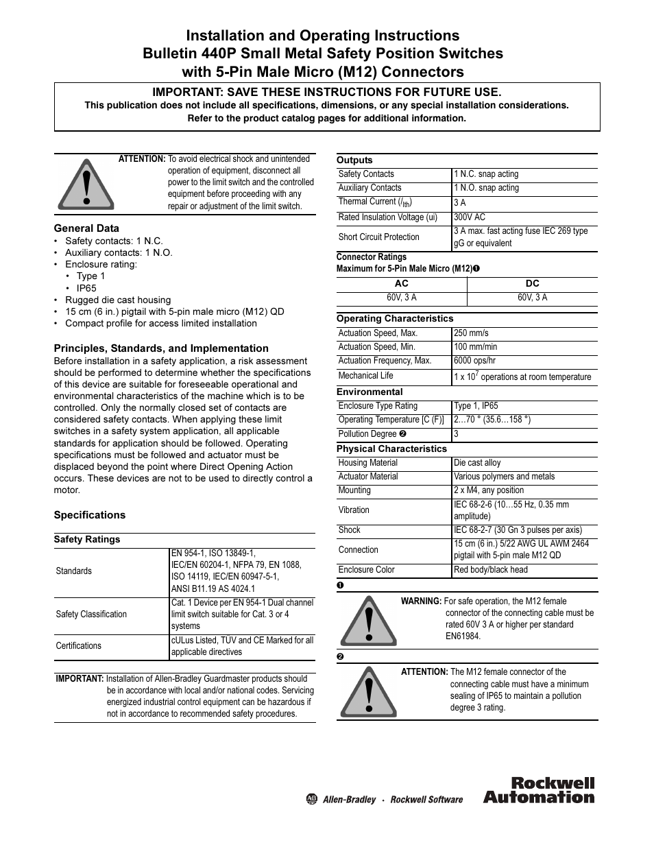 Rockwell Automation 440P Small Metal Safety Switches (5-Pin) User Manual | 4 pages