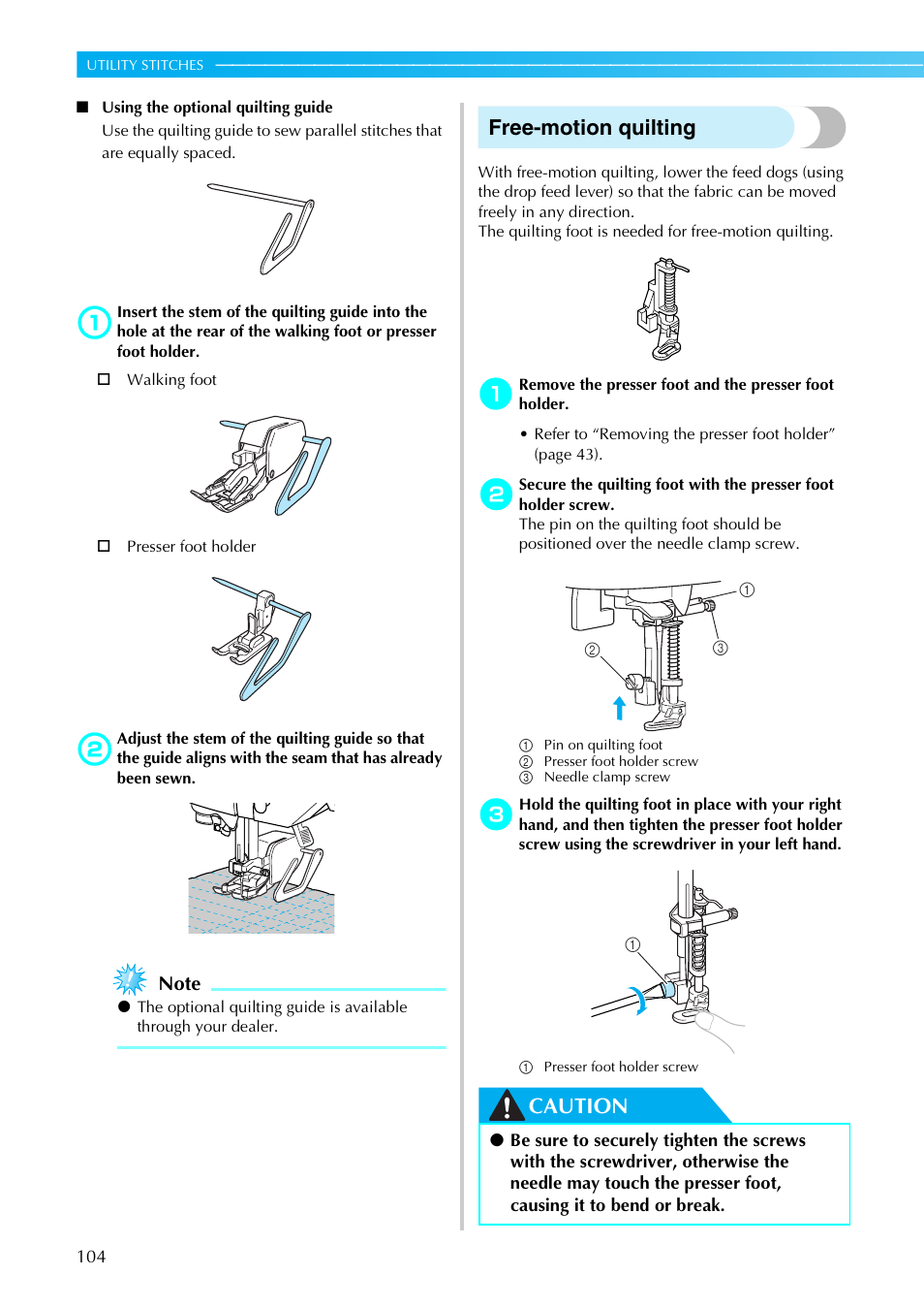 Free-motion quilting, Caution | Brother NX-450 User Manual | Page 105 / 155