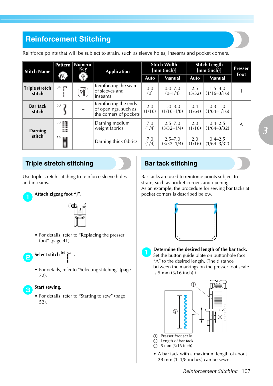 Reinforcement stitching, Triple stretch stitching, Bar tack stitching | Brother NX-450 User Manual | Page 108 / 155