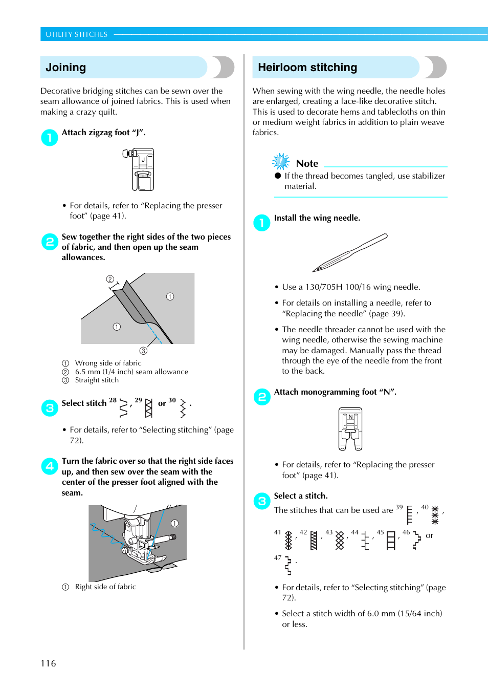 Joining, Heirloom stitching | Brother NX-450 User Manual | Page 117 / 155